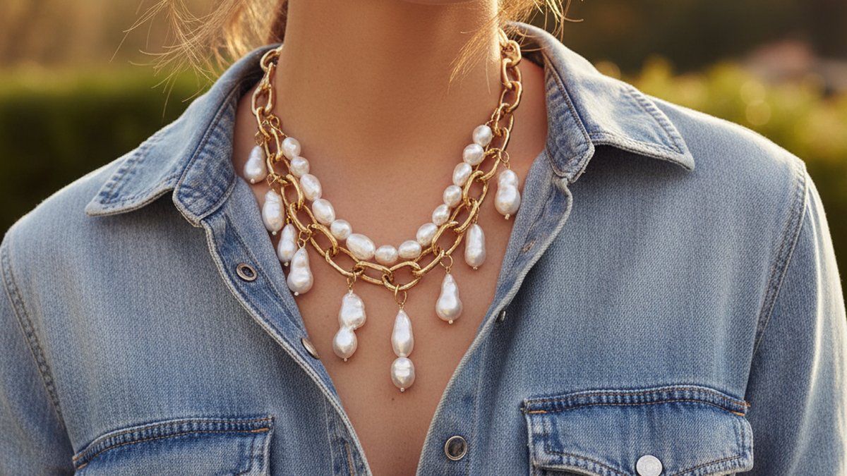 Collier fantaisie mêlant perles baroques et chaîne dorée porté sur une chemise en denim ouverte