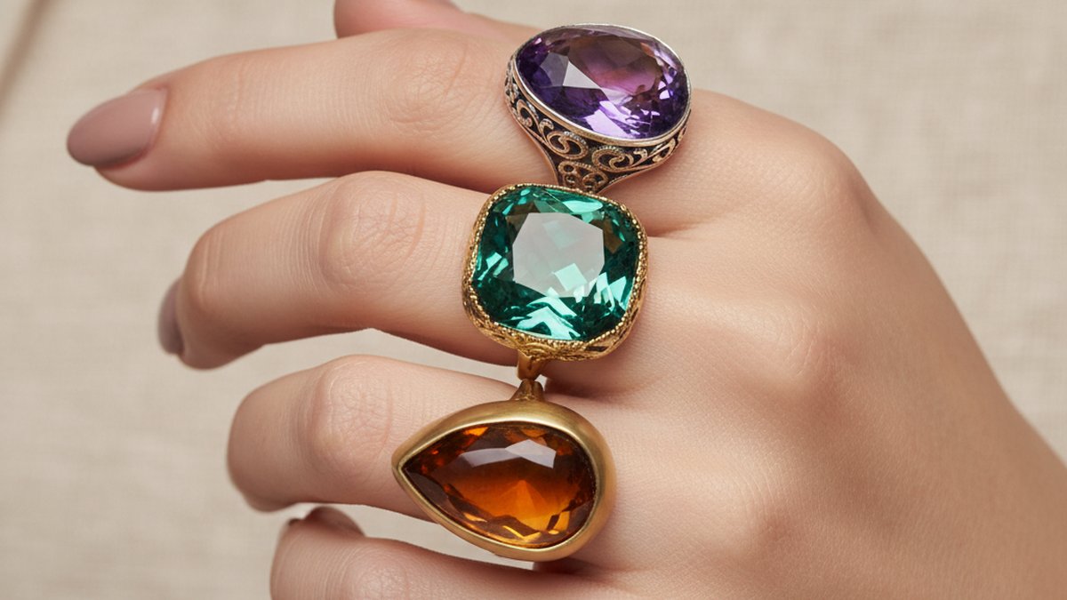 Main féminine avec trois bagues cocktail fantaisie aux pierres colorées — violet, émeraude et ambre — sur un fond neutre
