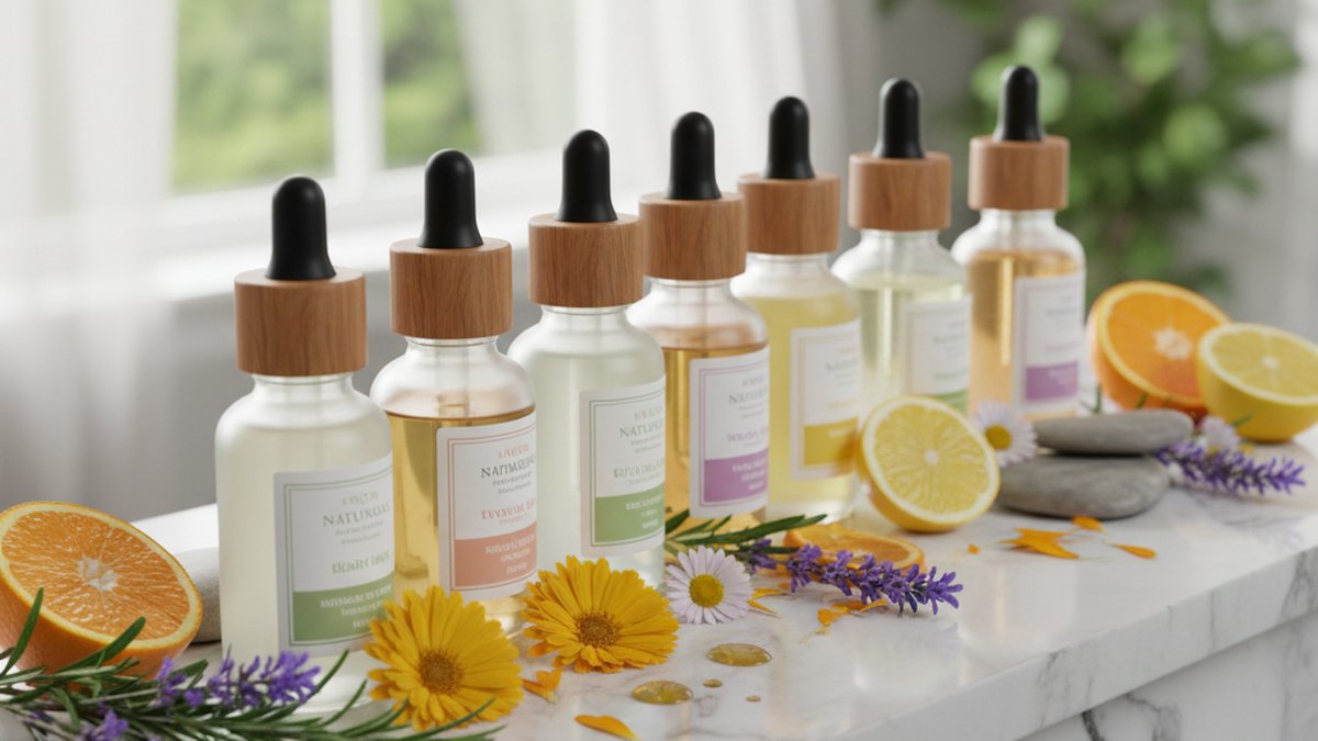 Flacons compte-gouttes de sérums naturels alignés sur une tablette en marbre, avec des ingrédients botaniques frais disp