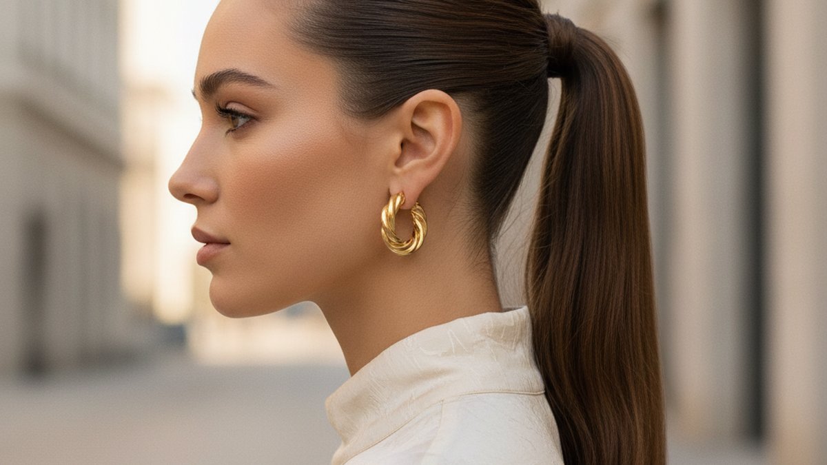 Femme de profil portant de grandes créoles torsadées dorées, cheveux relevés en queue de cheval haute