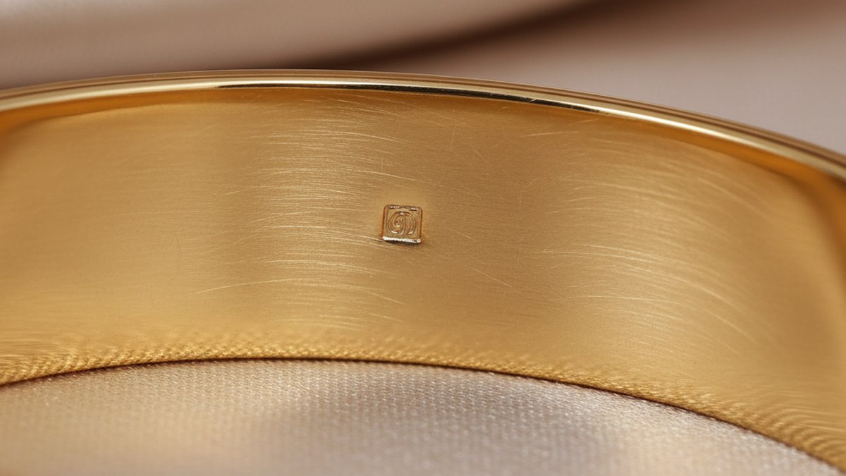 Gros plan sur l'intérieur d'un bracelet fantaisie montrant le poinçon de qualité et la finition du placage doré