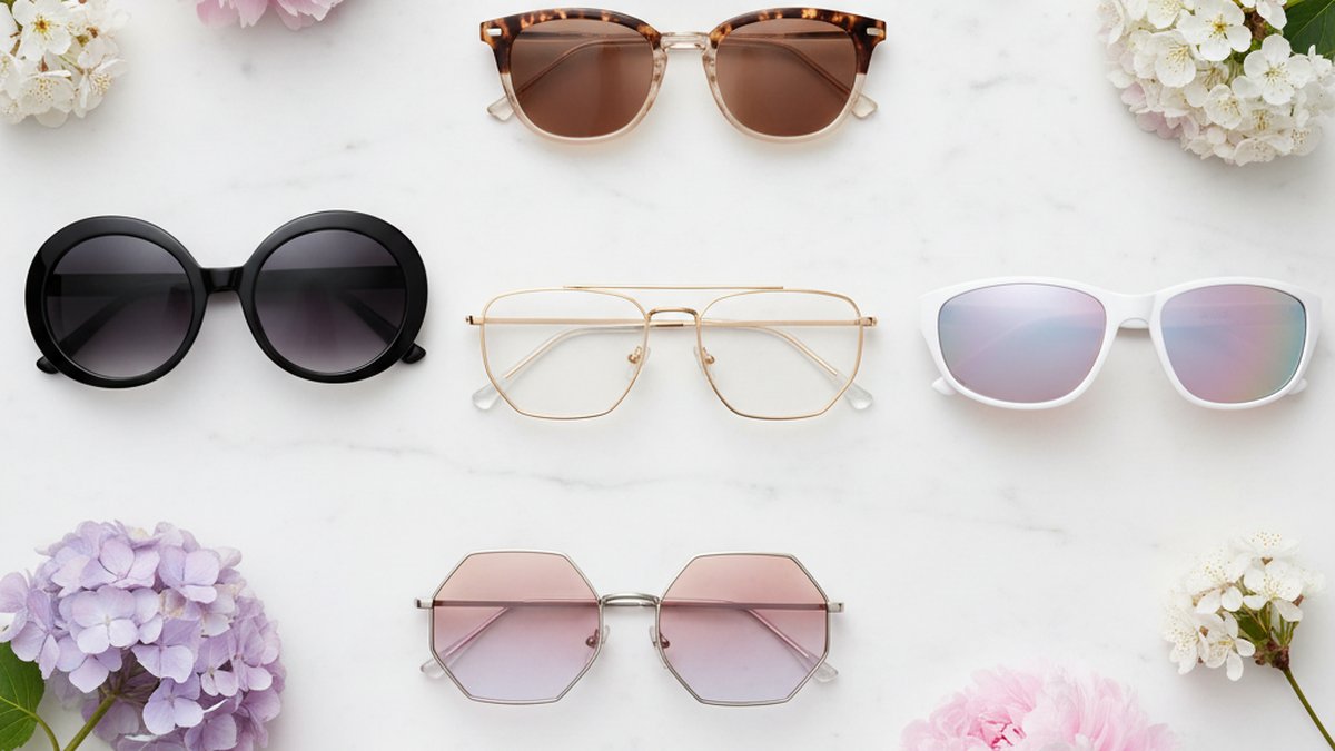 Tendances lunettes de soleil printemps-été 2026 : métal fin, verres pastel, format XL, géométrique, acétate bicolore.