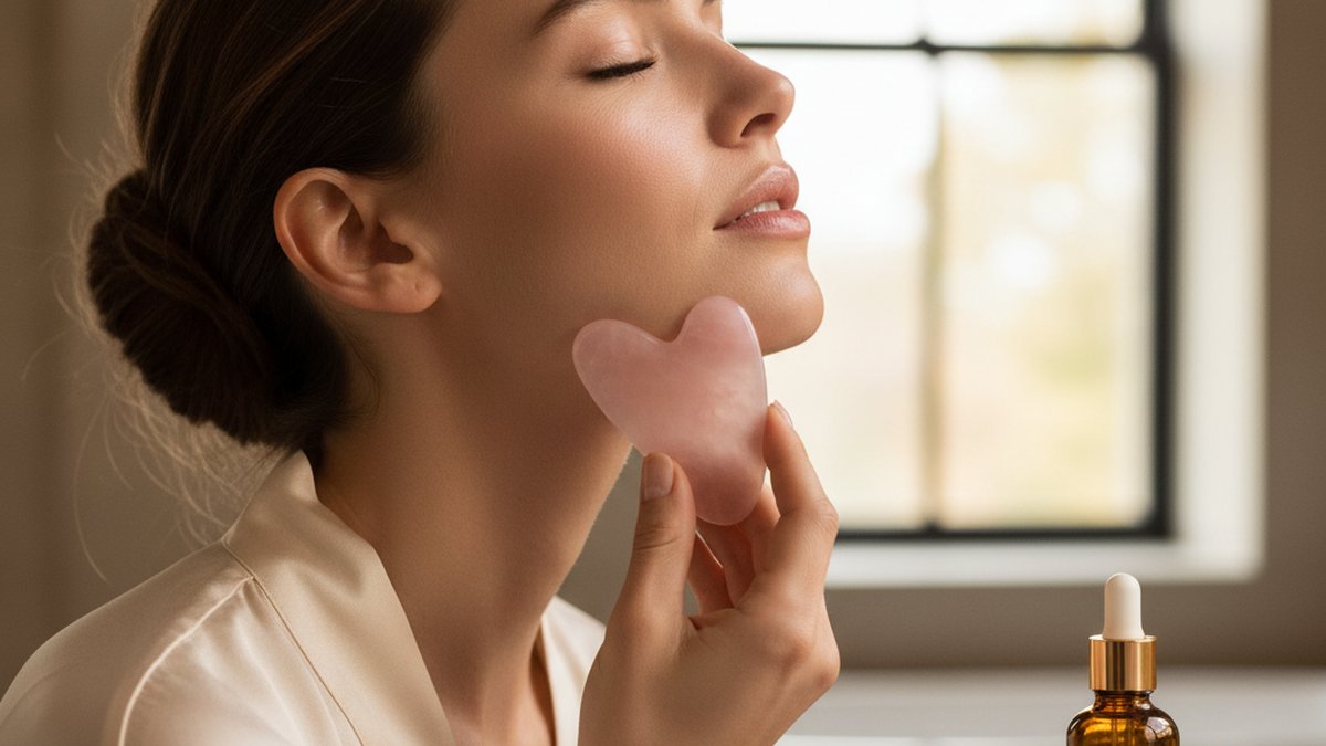 Femme utilisant un gua sha en quartz rose sur sa mâchoire, geste de lifting visible, avec un flacon d'huile végétale à c