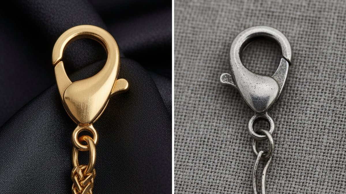 Comparaison côte à côte entre un fermoir de qualité (mousqueton robuste doré) et un fermoir bas de gamme (anneau fin ter