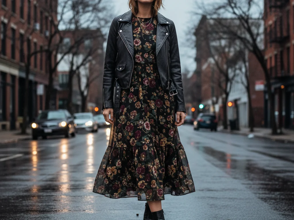 Imprimé fleuri porté en hiver avec des pièces chaudes