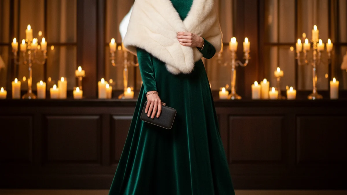 Tenue invitée mariage d'hiver avec robe en velours et étole