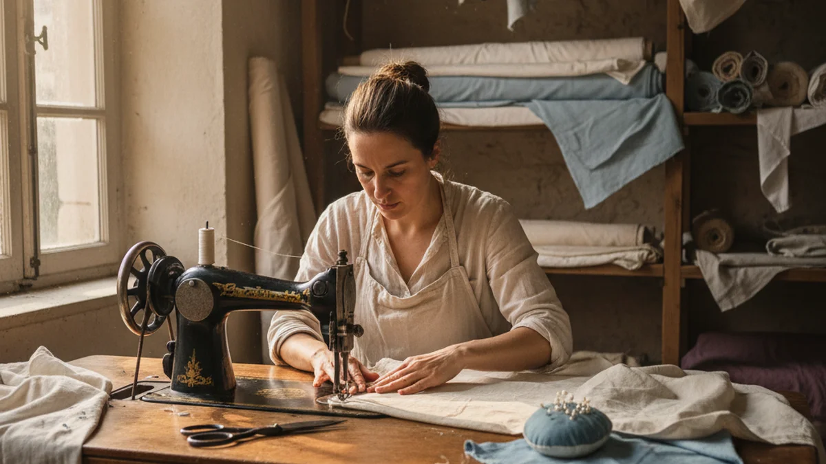 Atelier de confection français avec couturière au travail