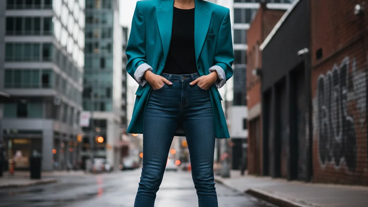 Style années 80 avec blazer oversize a epaulettes et jean slim