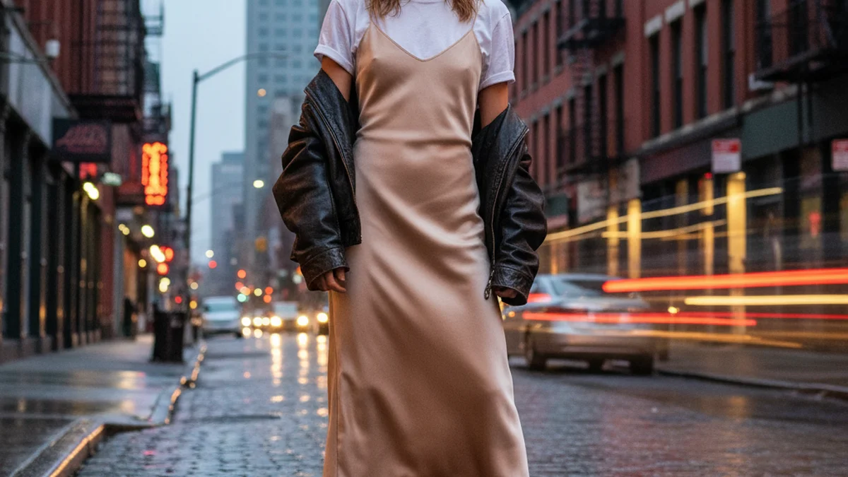 Style années 90 avec slip dress en satin et blazer oversize