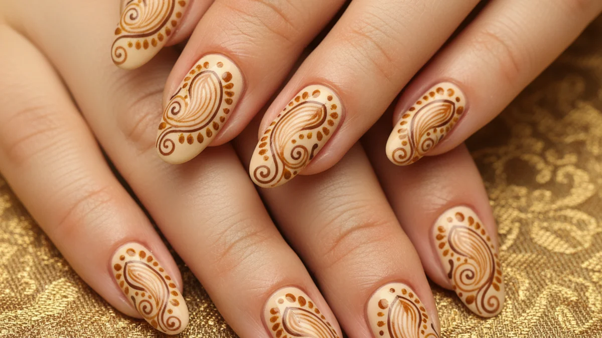 Nail art paisley cachemire doré sur fond crème