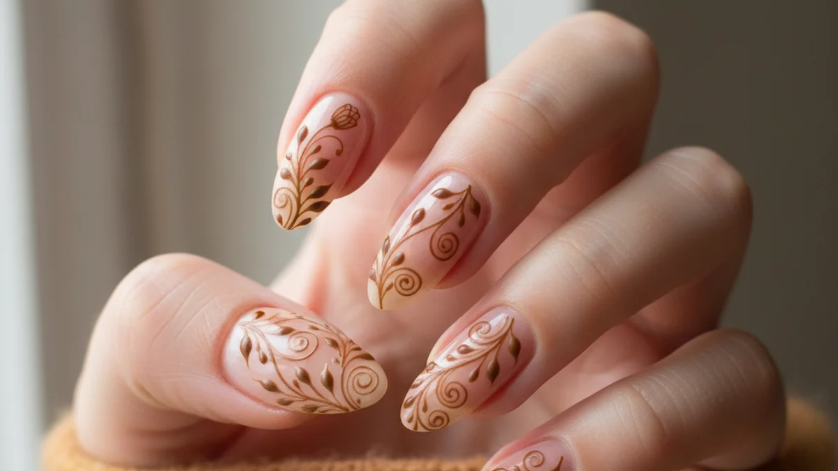 Motifs volutes henné spirales et feuilles sur ongles