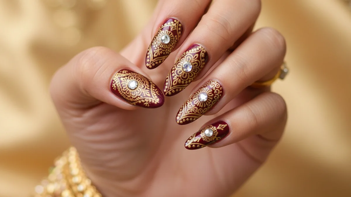 Nail art indien de mariage élaboré avec strass et dorures