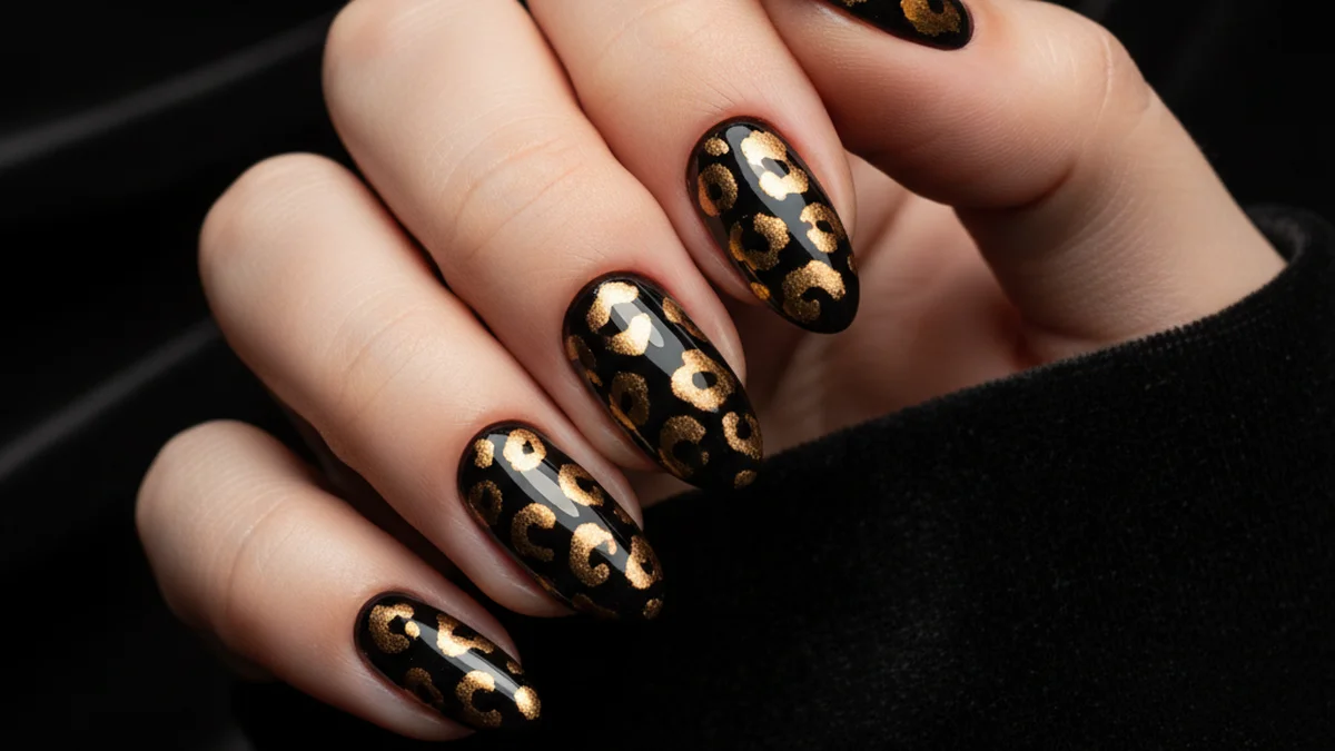Nail art léopard noir et or glamour