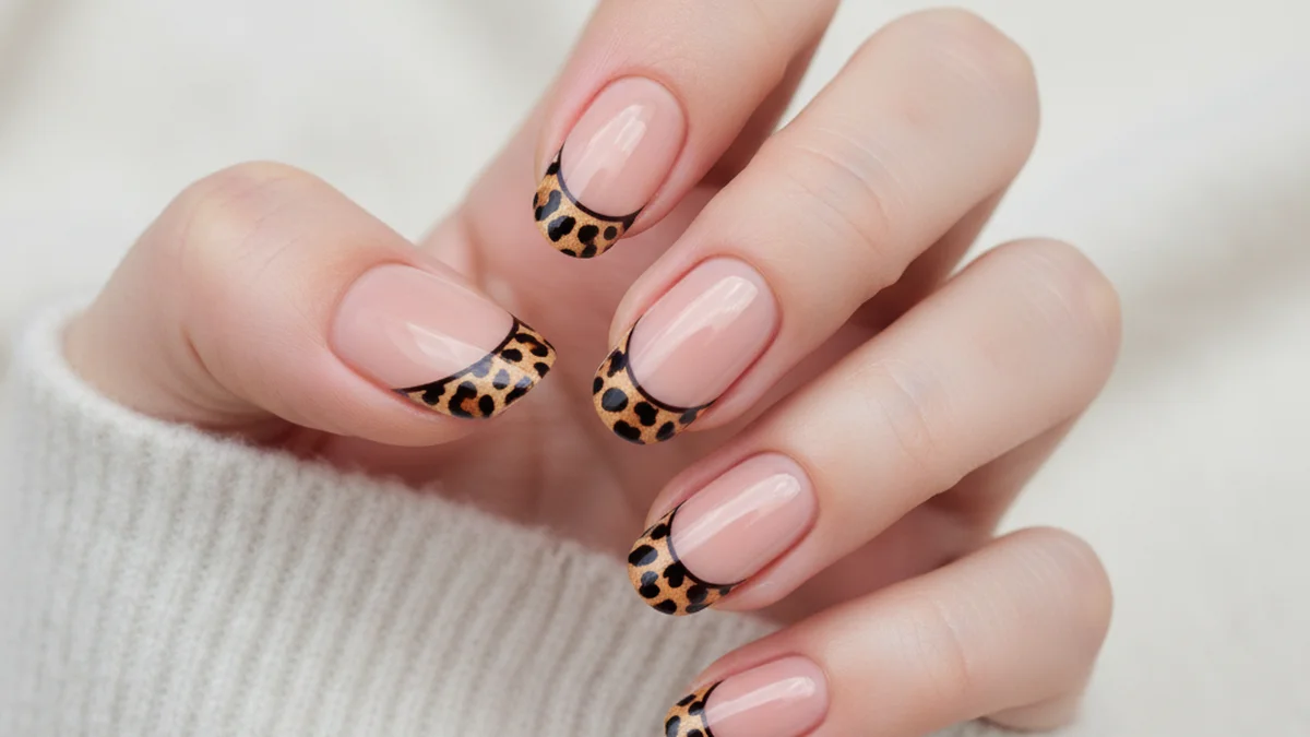 French manucure léopard motif uniquement sur les pointes