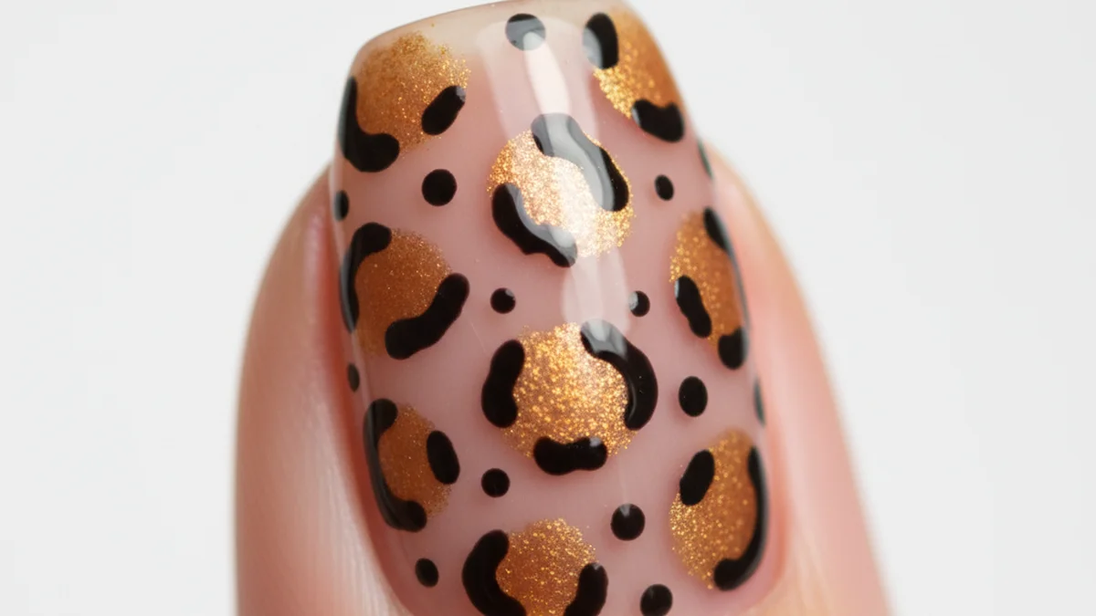 Nail art léopard fini avec top coat brillant