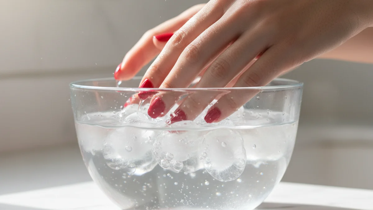Doigts plongés dans un bol d'eau glacée avec glaçons