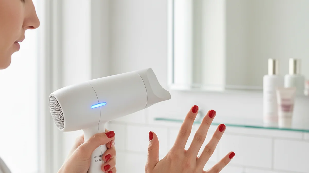 Sèche-cheveux en mode froid dirigé vers les ongles