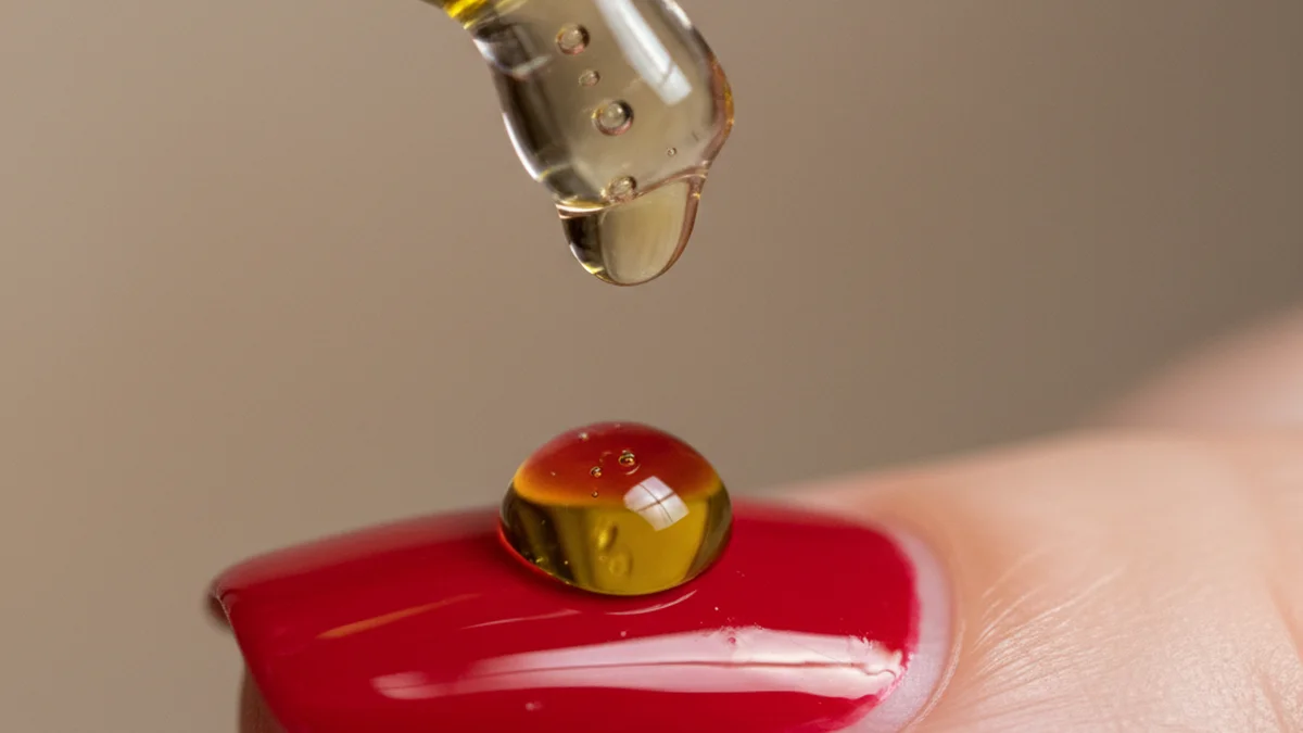 Goutte d'huile végétale déposée sur ongle fraichement verni