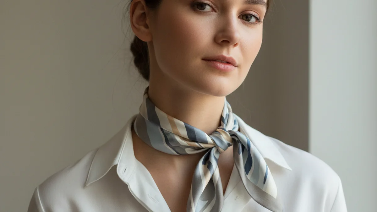 Foulard en soie noué au cou sur une chemise blanche