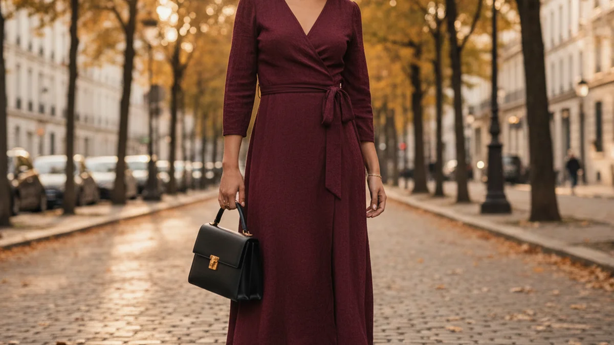 Tenue avec robe midi, bottines et sac en cuir structure