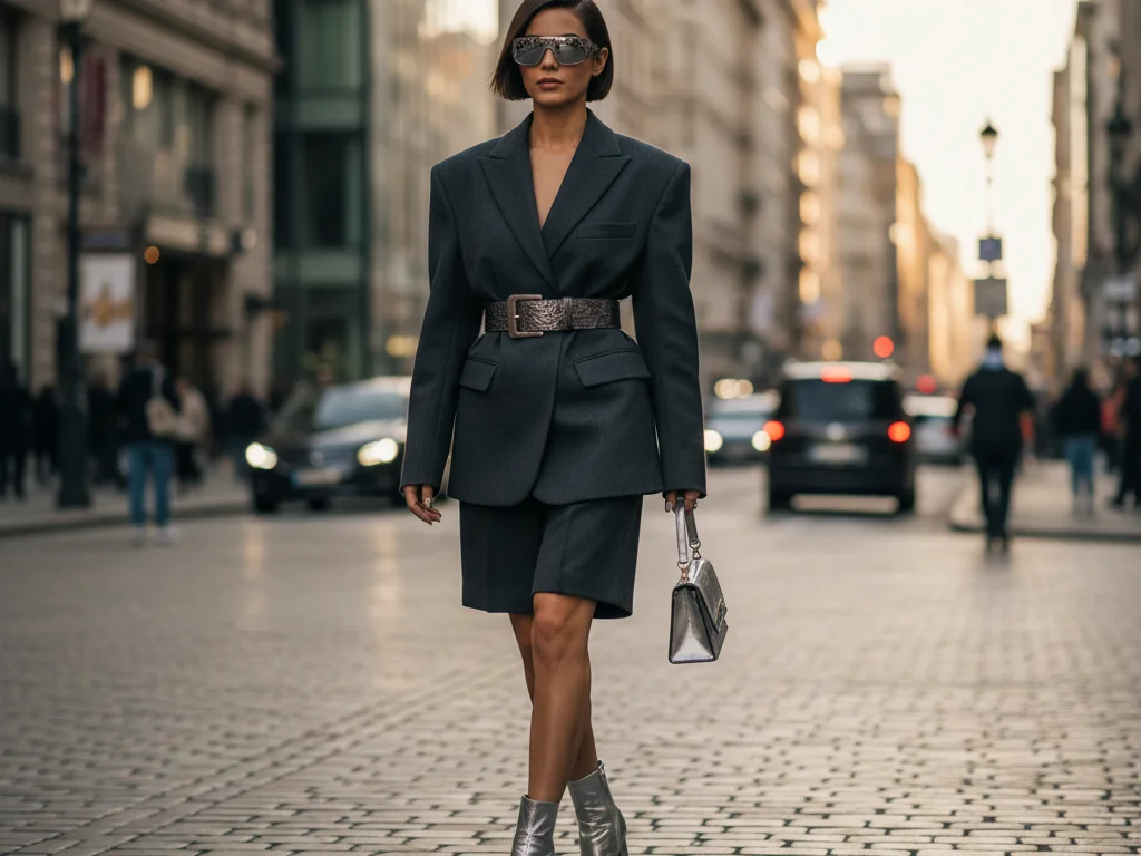 Look urbain tendance 2026 avec blazer structuré et bermuda tailleur