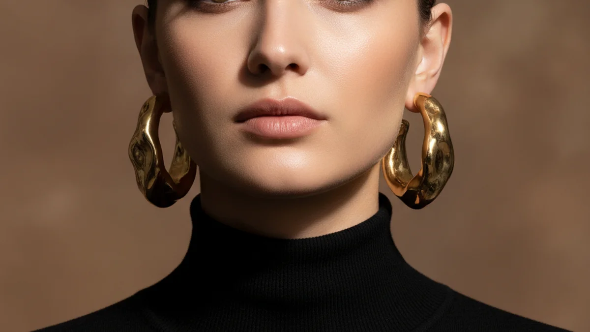 Bijoux sculpturaux dores, boucles d'oreilles et collier statement