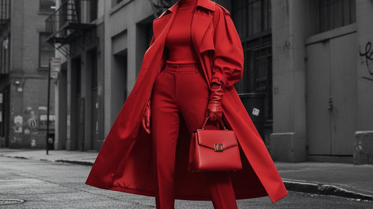 Tenue en rouge vermillon intense, porte en pièce unique sur base neutre