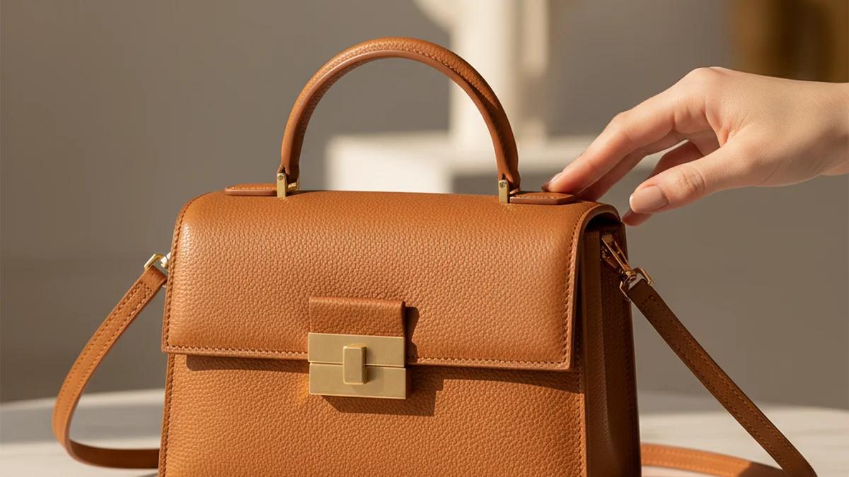 Sac structuré de taille moyenne en cuir cognac avec fermoir doré