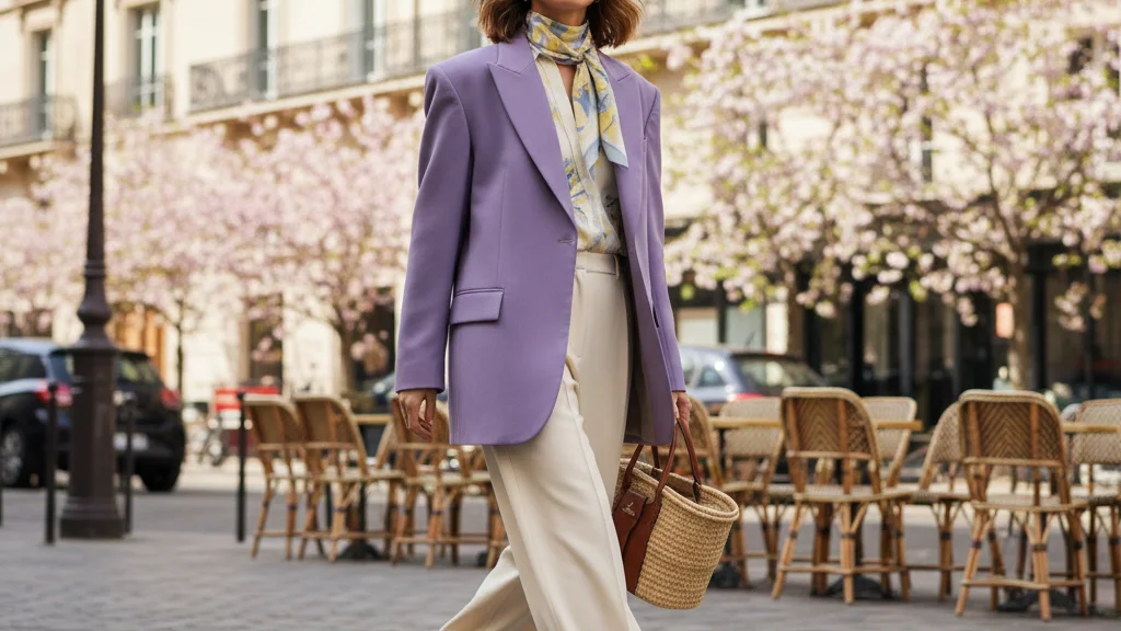 Femme stylée en blazer oversize lavande et pantalon large crème, tendances mode 2026