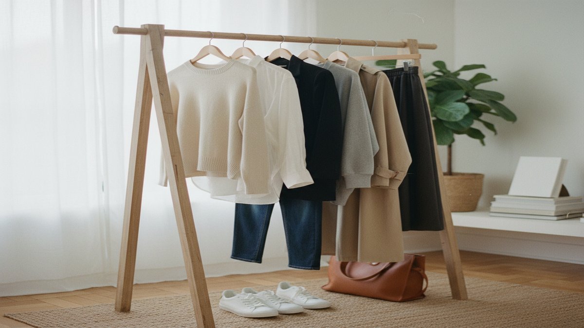 Garde-robe capsule avec pièces intemporelles suspendues sur un portant