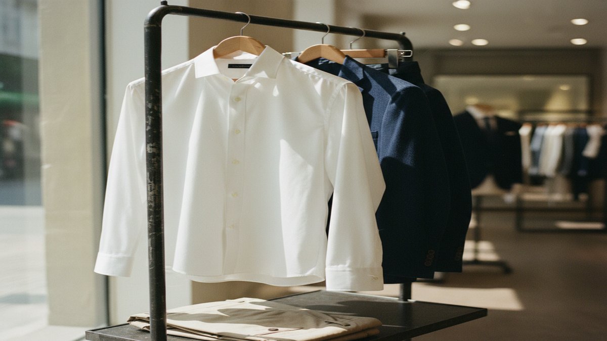 Les basiques du vestiaire masculin : chemise blanche, blazer marine et chino beige sur un portant