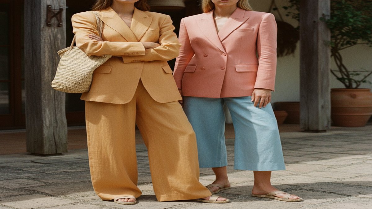 Silhouettes tendance : pantalon wide-leg et blazer structure dans des teintes estivales