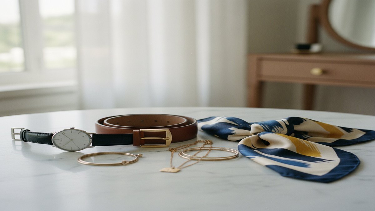 Sélection d'accessoires de mode : montre, ceinture, foulard, bijoux