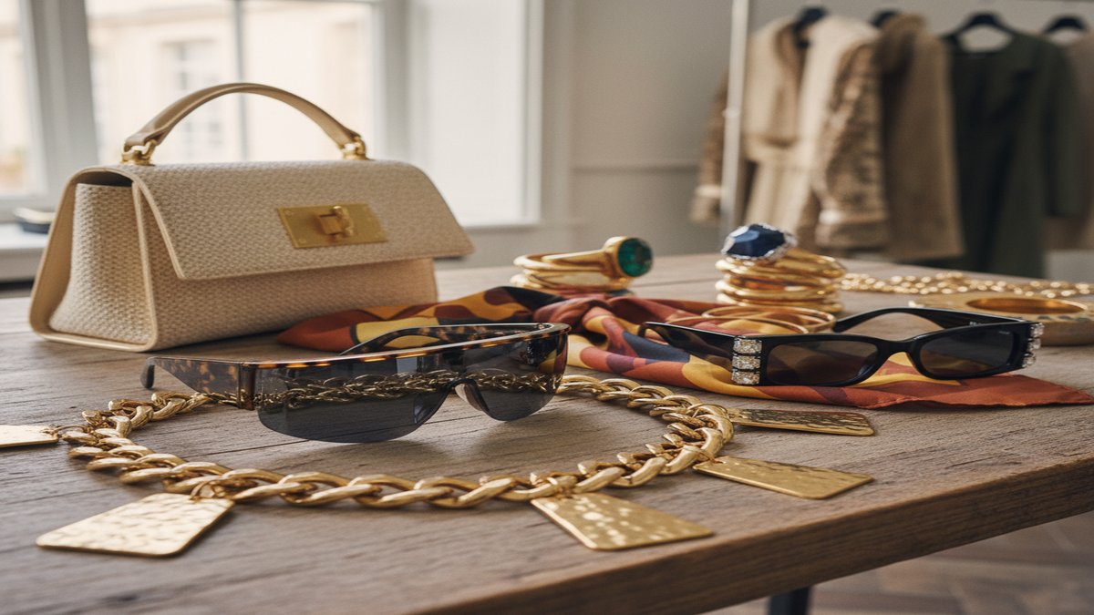 Accessoires tendance de la saison : bijoux imposants, lunettes de soleil oversize, sacs structures