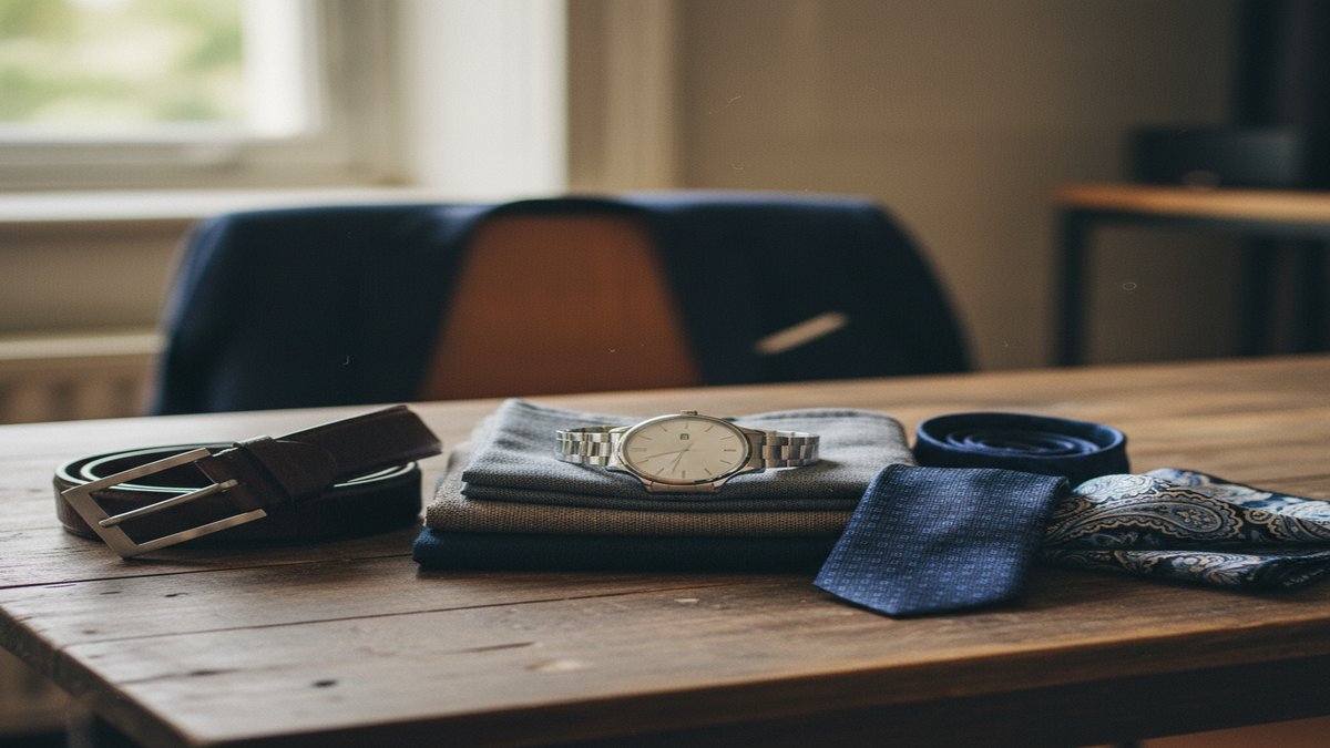 Accessoires masculins essentiels : montre en acier, ceinture cuir, pochette de costume