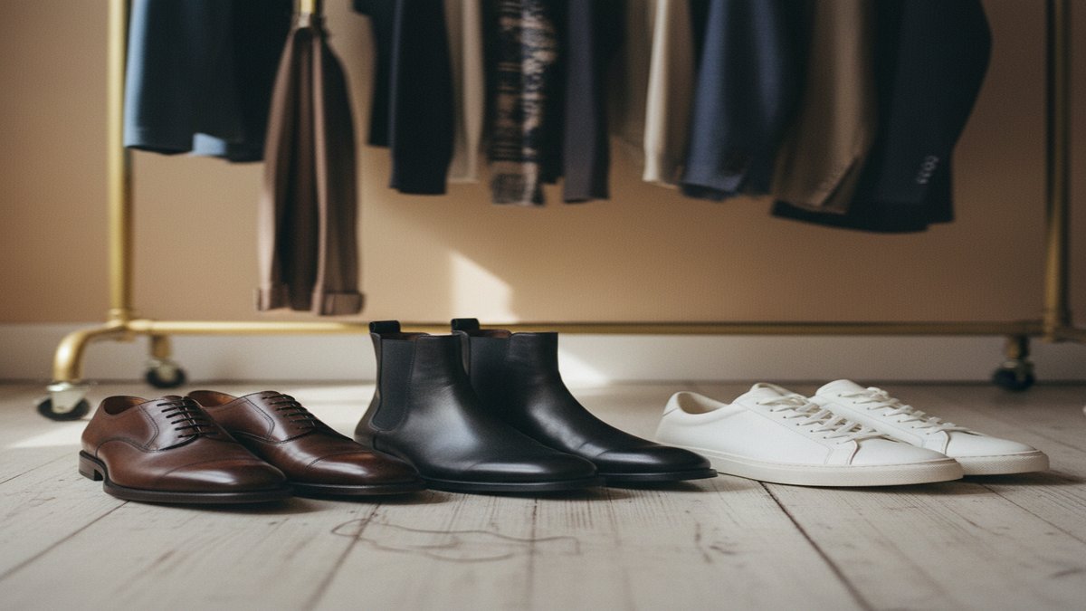 Collection de chaussures masculines essentielles : derby en cuir, bottines, sneakers blanches