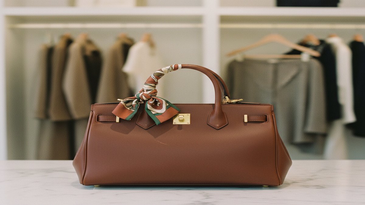 Sac en cuir structure dans une teinte cognac, pose sur une surface en marbre