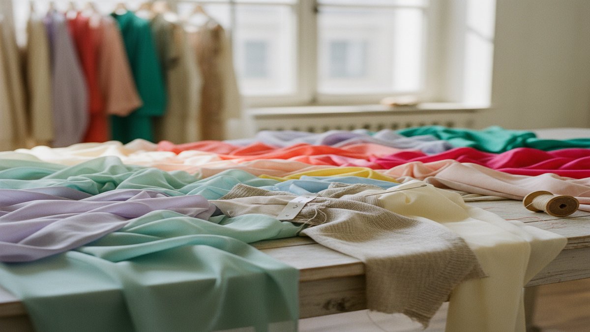 Palette de couleurs printemps-été 2026 présentée sur des echantillons de tissus