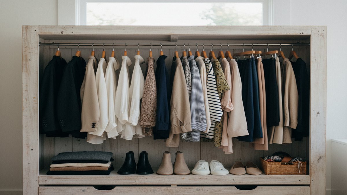 Dressing capsule organise avec 35 pièces essentielles sur des cintres en bois