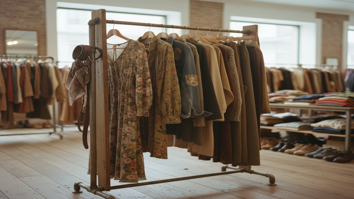 Portant de vêtements dans une boutique de seconde main, pièces selectionnees avec soin