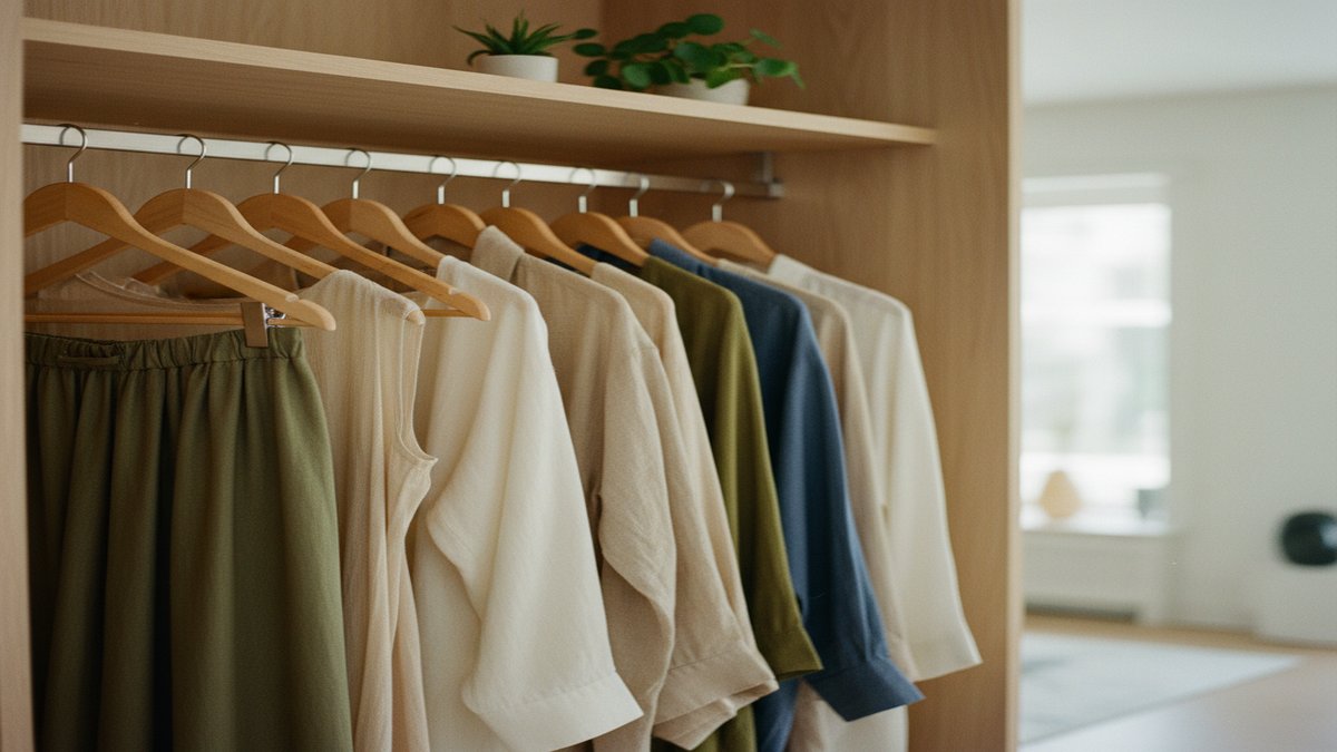 Vêtements en matières naturelles sur des cintres en bois