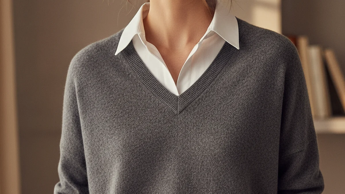 Pull cachemire col V gris porté sur une chemise blanche