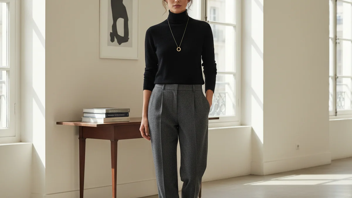 Col roulé noir en maille fine porté avec un pantalon gris et un collier doré