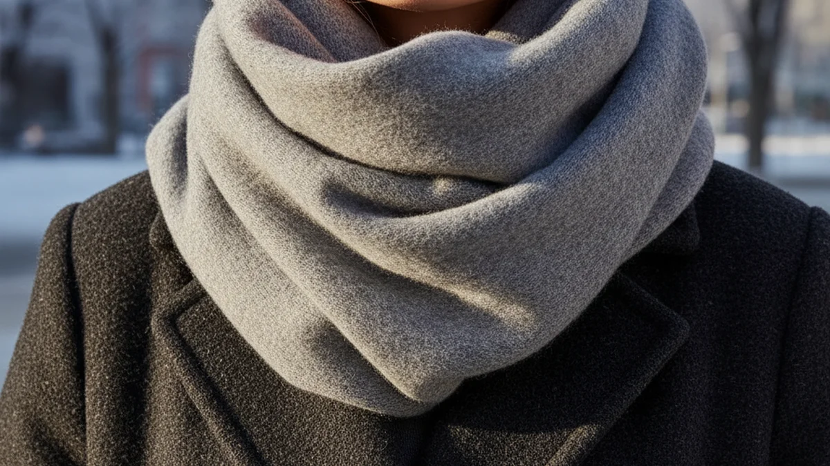 Grande écharpe en cachemire gris enroulée sur un manteau d'hiver