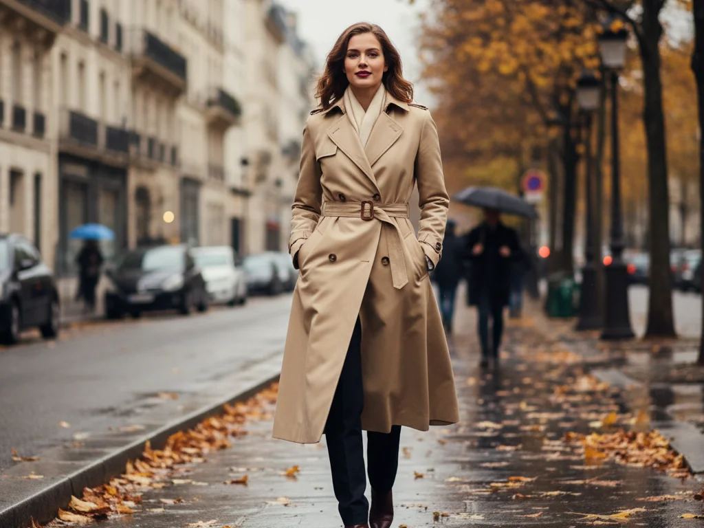 Trench-coat beige classique ceinturé porté dans une rue parisienne