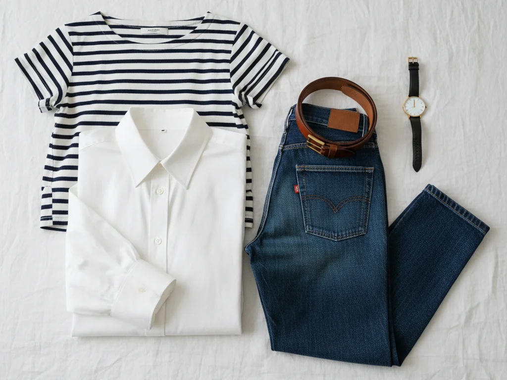 Basiques mode femme : jean brut, chemise blanche, marinière