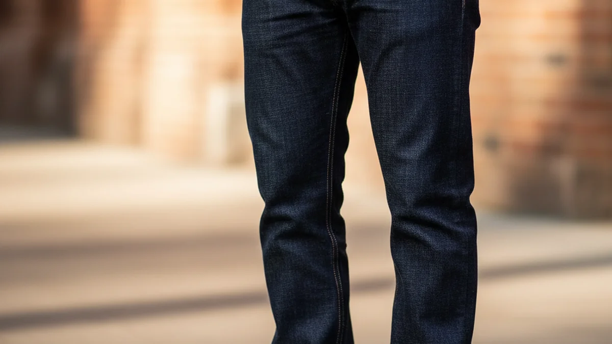 Jean brut droit en denim foncé avec ceinture cuir et baskets