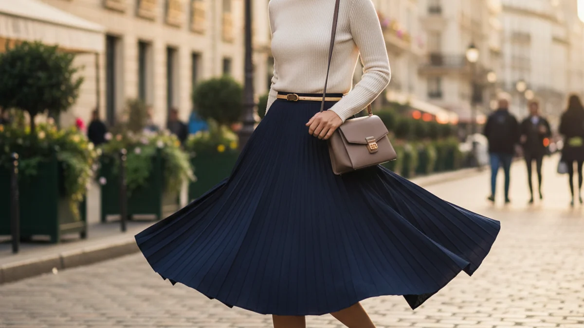 Jupe midi plissée marine en mouvement