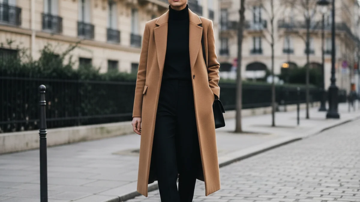 Manteau droit en laine camel, coupe classique longueur genou