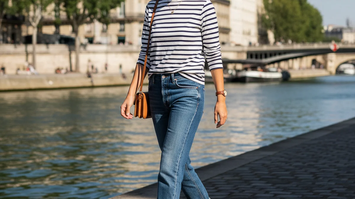 Marinière en coton épais portée avec un jean et des baskets blanches